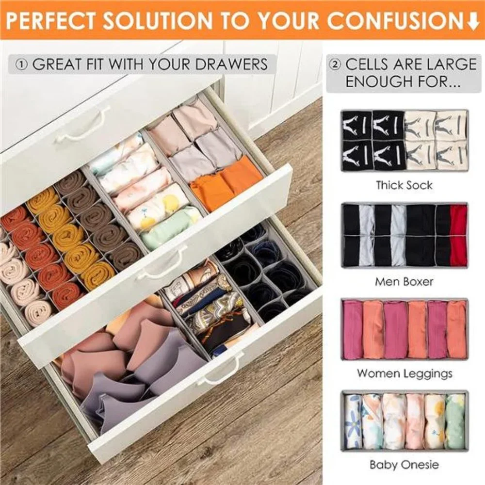 6 Pack Sock Underwear Drawer Organizer Dividers, 58 Cell Foldable Fabric Dresser